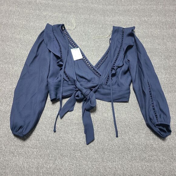Paper Crane Tops - Paper Crane Wrap Top Womens Small Navy Blue Long Sleeve Ruffle Boho Blouse Tie‎